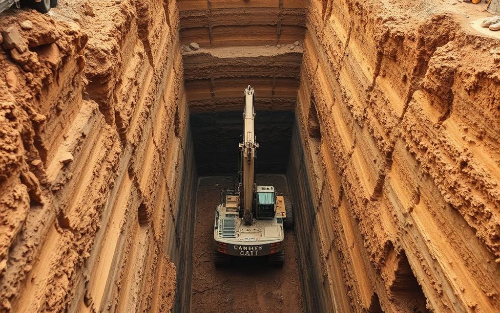 Excavator working at the bottom of a deep trench with exposed stratified soil walls